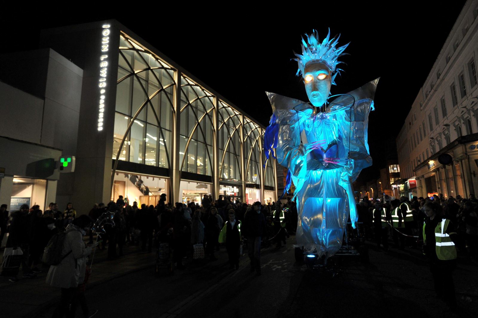 Christmas light switch on White Witch puppet and exterior of John Lewis
